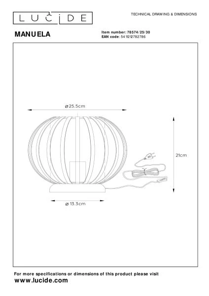 Lucide MANUELA - Lampe de table - Ø 25 cm - 1xE27 - Noir - TECHNISCH